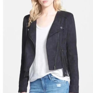 Fate Black Faux Suede Fringed Jacket, Size Medium